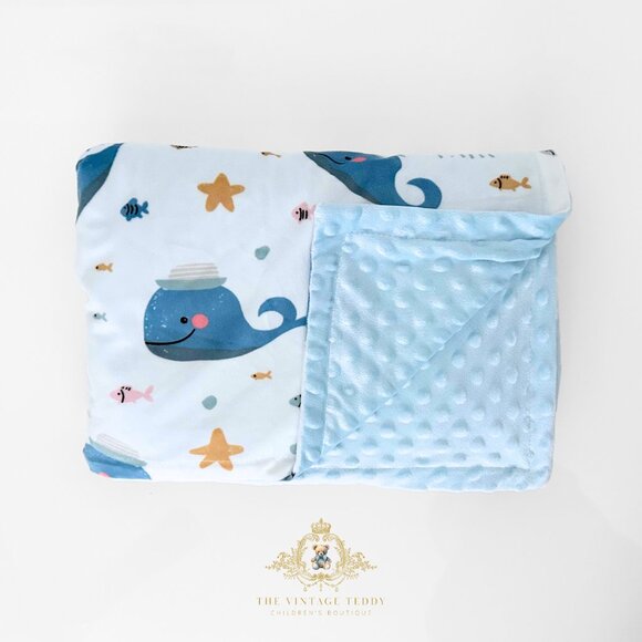 NWT Cute Children's Soft Plush Minky Reversible Blanket Mr. Whale & Friends - Picture 3 of 4